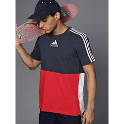ADIDAS Men Navy Blue & Red Colourblocked Pure Cotton T-shirt-image-34