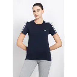 adidas Women Striped Crew Neck Pure Cotton Blue T-Shirt-picture-26