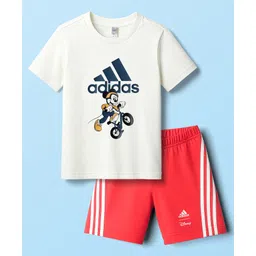 ADIDAS KIDS Cotton Knit Half Sleeves T-Shirt & Shorts Set with Brand Logo Graphic & Tape Detailing - White & Orange-picture-24