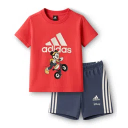 ADIDAS KIDS Cotton Knit Half Sleeves Top & Shorts Set with Brand Logo Tape Detailing & Mickey Print - Coral & Grey-picture-11