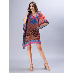 Aditi Wasan Abstract Print Chiffon V-Neck Kimono Sleeves Semi Sheer Kaftan Casual Dress-picture-42