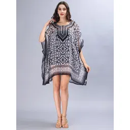 Aditi Wasan Ethnic Motifs Print Chiffon Round Neck Kimono Sleeves Kaftan Dress-picture-33