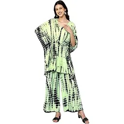 aditi wasan Women's Kaftan and Palazzo Set, Tie and Dye Print Viscose Free Size - Green & Black-picture-28