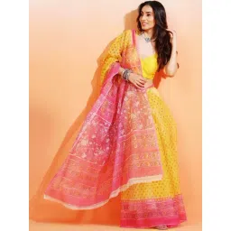 Aditri Sunshine Yellow & Pink Aftab Handloom Kota Doria Handblock Print Saree-picture-22
