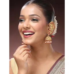 ADIVA 22K Gold-Plated Glossy Pearl & Ruby Stone-Studded & Beads Peacock Shaped Ear Cuff Earrings-picture-18