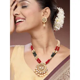 ADIVA 22K Gold Plated Kundan Stone Studded & Beaded Jewellery Set-picture-19