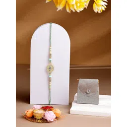 ADIVA Gold-Plated Cubic Zirconia Studded Rakhi With Pooja Thali Roli Chawal Gift Set-picture-15