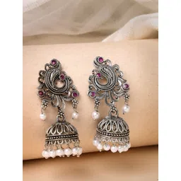 ADIVA Silver-Plated Peacock Shaped Oxidized Jhumkas Earrings-picture-14