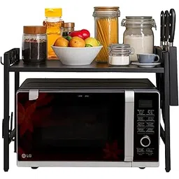 Adjustable Microwave Oven Stand for Kitchen Counter | Expandable Rack with Hooks, Cutlery & Cutting Board Holder | Alloy Steel, Heat & Scratch Resistant Storage Shelf (Black)-picture-14