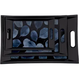 admonition 3 Nesting Size Blue Leaf Pattern Black Decorative Tray Serving Set-picture-19