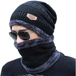 adnock Unisex Woolen Winter Beanie Cap with neck set Scarf for Man Women Girl Knitted Beanie Cap with Neck Warmer, Black Color-picture-25
