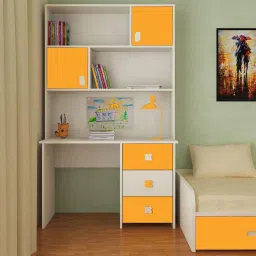 adona Flora Kids Study Desk cum Bookshelf with Shuttered Cabinets Open Shelves and Drawers in Ivory Mango Yellow Colour-picture-15