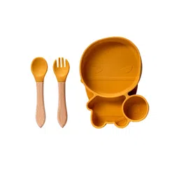 Adore Kids 3Pcs Yellow & Brown Textured Silicone & Bamboo Baby Utensils Set-picture-10
