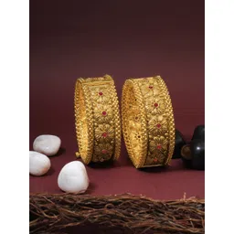 Adwitiya Collection 24 CT Gold-Plated Set Of 2 Red Stone-Studded Flower Bangles-picture-35