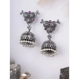 adwitiya collection Adwitiya Silver-Plated Artificial Stones Studded And Beaded Dome Shaped Jhumkas-picture-20