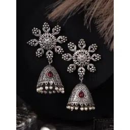 adwitiya collection Adwitiya Silver-Plated Artificial Stones Studded And Beaded Dome Shaped Oxidised Jhumkas-picture-19