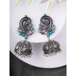 adwitiya collection Adwitiya Silver-Plated Artificial Stones Studded And Beaded Oxidised Dome Shaped Jhumkas-picture-22