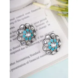 adwitiya collection Adwitiya Silver-Plated Kundan Studded Oxidised Contemporary Shaped Shaped Studs-picture-11