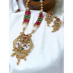 Adwitiya Collection Gold-Plated Stone Studded & Beaded Antique Floral Motif Jewellery Set-picture-18