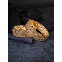 Adwitiya Collection Set Of 2 Gold-Plated Stone-Studded Temple Bangles-picture-36