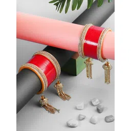 Adwitiya Collection Set Of 36 Gold-Plated Stone Studded Wedding Chuda Bangles with Hanging-picture-32