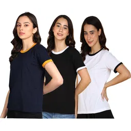 adyavastram Pack of 3 Women Solid Round Neck Cotton Blend Multicolor T-Shirt-picture-28