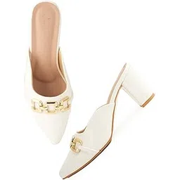 aelly belly Women's Patent Leather Block Heel Mules with Gold Chain Detail, Perfect for Every Occasion Bellies Women's Fashion Pointed Pump Shoes for & Women & Girls Available in Black,Beige,Pink,White-picture-21