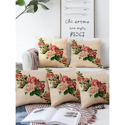 AEROHAVEN Beige & Green Set of 5 Floral Square Jute Cushion Covers-picture-24