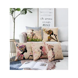 AEROHAVEN Beige & Pink 5 Pieces Quirky Printed Square Cushion Covers-picture-24