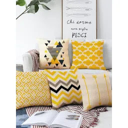 AEROHAVEN Beige, Black & Yellow Set of 5 Geometric Square Cushion Covers-picture-34