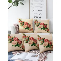 AEROHAVEN Beige, Green & Pink Set of Digital Printed 5 Floral Square Cushion Covers-picture-28