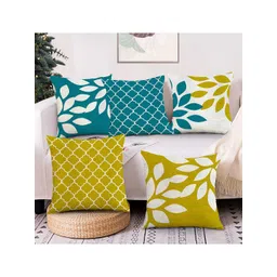 AEROHAVEN Green & Yellow Set of 5 Floral Printed Velvet Square Cushion Covers-picture-18