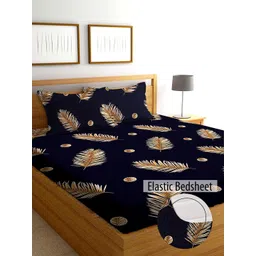 AEROHAVEN Navy Blue & Yellow 210 TC King Bedsheet with 2 Pillow Covers-picture-13