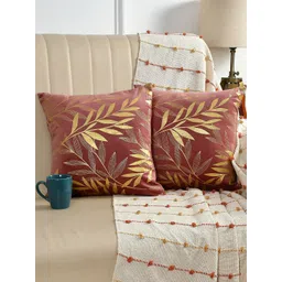 AEROHAVEN Pink & Gold-Toned 2 Pieces Floral Printed Velvet Square Cushion Covers-picture-21