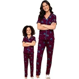 aeronyx Mom & Daughter Nightwear | Printed Collar | Maroon|Size-M_13-14yrs-picture-32