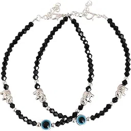 aethel Black Beaded Anklet Set for Women & Girls – Evil Eye Protection with Silver Elephant Charms – Adjustable Fashion Payal - Pack of 2-picture-52
