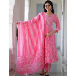 AF ASHA FABRICS Women Ethnic Motifs Printed Regular Mirror Work Pure Cotton Kurta with Trousers & With-picture-41