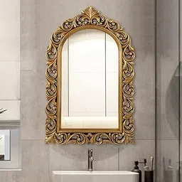 AFFIZU HANDICRAFTS Wall Hanging Wooden Mirror Frame for Home, Antique Mirror Frame, Handmade and Hand Carved Frame, Antique Gold Color, 36x24 Inch Without Mirror-image-0