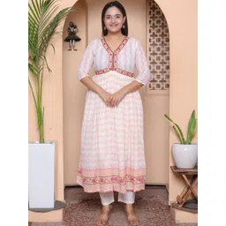 AFFO Women Printed Empire Pure Cotton Kurta with Trousers & With Dupatta image 5