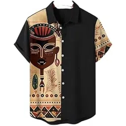 African Art Print Button Down Shirt, Short Sleeve, Black and Beige Tribal Pattern, Casual Wear-picture-10