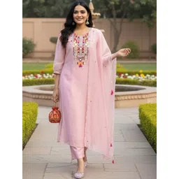 AG TEXTILE Women Ethnic Motifs Embroidered Regular Mirror Work Chanderi Silk Kurta with Trousers & With-picture-41