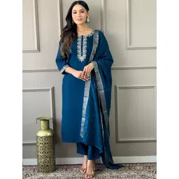 AG TEXTILE Women Floral Yoke Design Regular Thread Work Kurta with Trousers & With Dupatta-picture-40