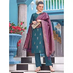 AG TEXTILE Woven Design V-Neck Pure Silk Straight Kurta With Trousers & Dupatta-picture-19
