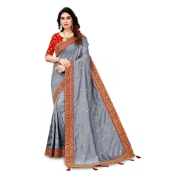 A.G.M.G FASHION Women Embellished Embroidered Fusion Saree with an unstitched blouse piece-picture-42