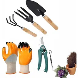 agt 3PCS Wooden Handle Cultivator Free Rubber Hand Gloves Garden Tool Kit-picture-27