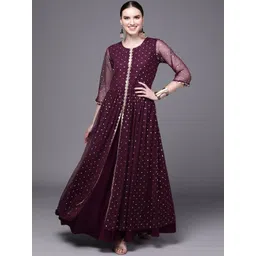 Ahalyaa Women Burgundy Polka Dots Fit & Flare Maxi Ethnic Dress-picture-25