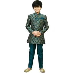 Ahhaaaa Boys Floral Woven Design Sequinned Jodhpuri Kurta With Trousers & Maala-image-6