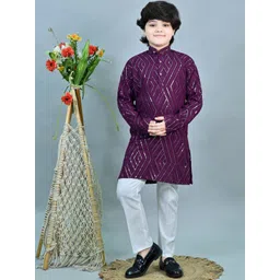 ahhaaaa Boys Geometric Embroidered Regular Sequinned Dupion Silk Kurta With Trouser-picture-53