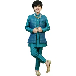 ahhaaaa Boys Geometric Woven Design Kurta with Trousers & Jacket-image-5