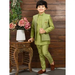 ahhaaaa Boys Mandarin Collar Kurta & Trousers with Woven Design Nehru Jacket-image-11